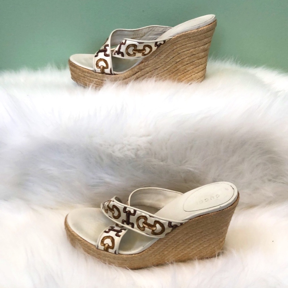 Gucci White Leather Espadrille Wedge Sandals with Brown Logo Trim - Picture 4 of 12